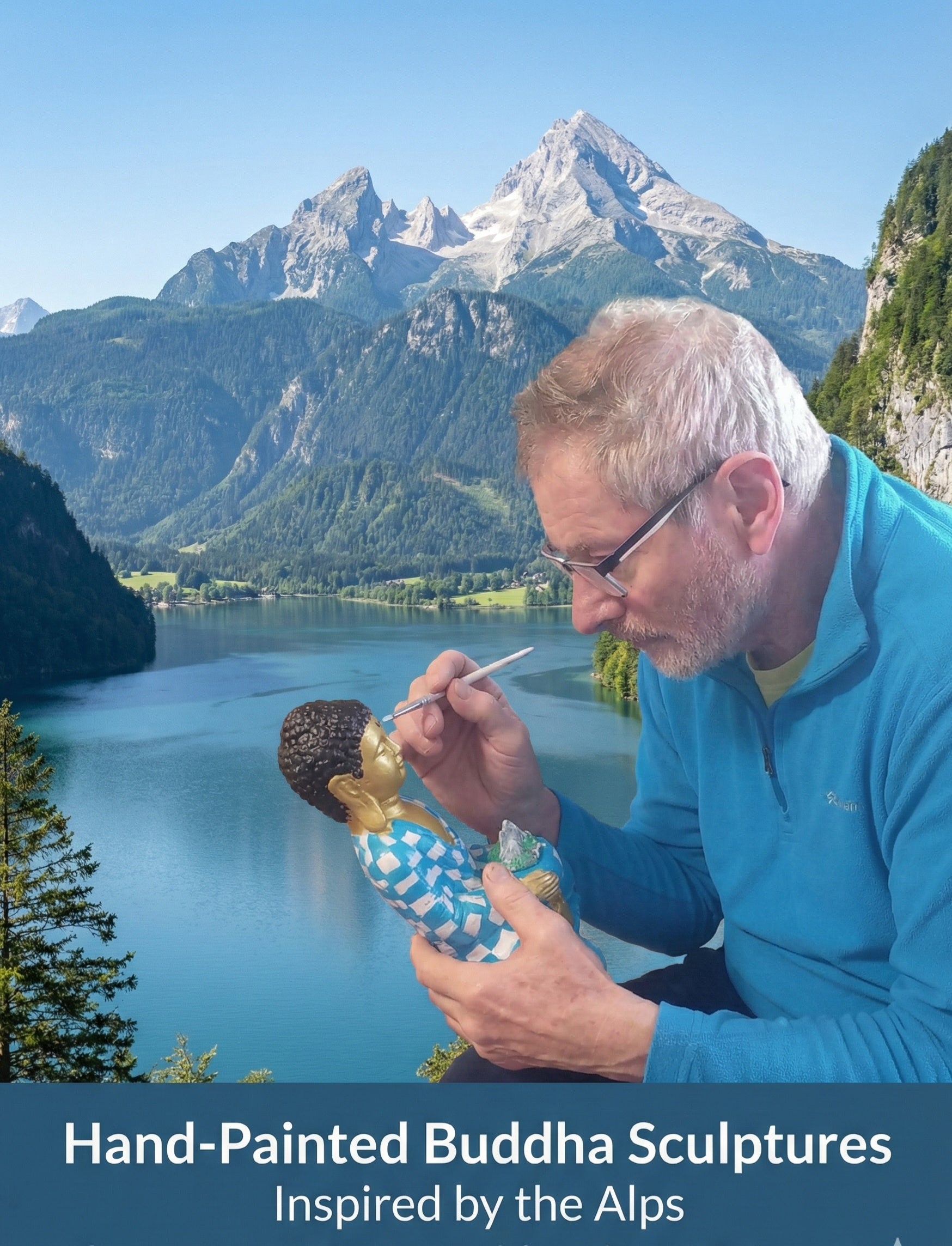 Handgefertigter Buddha mit Watzmann Gipfel Berchtesgaden – Unikat aus Gips bemalte Figur Deko Skulptur Geschenk Bergsteiger & Yoga Fans Ruhe