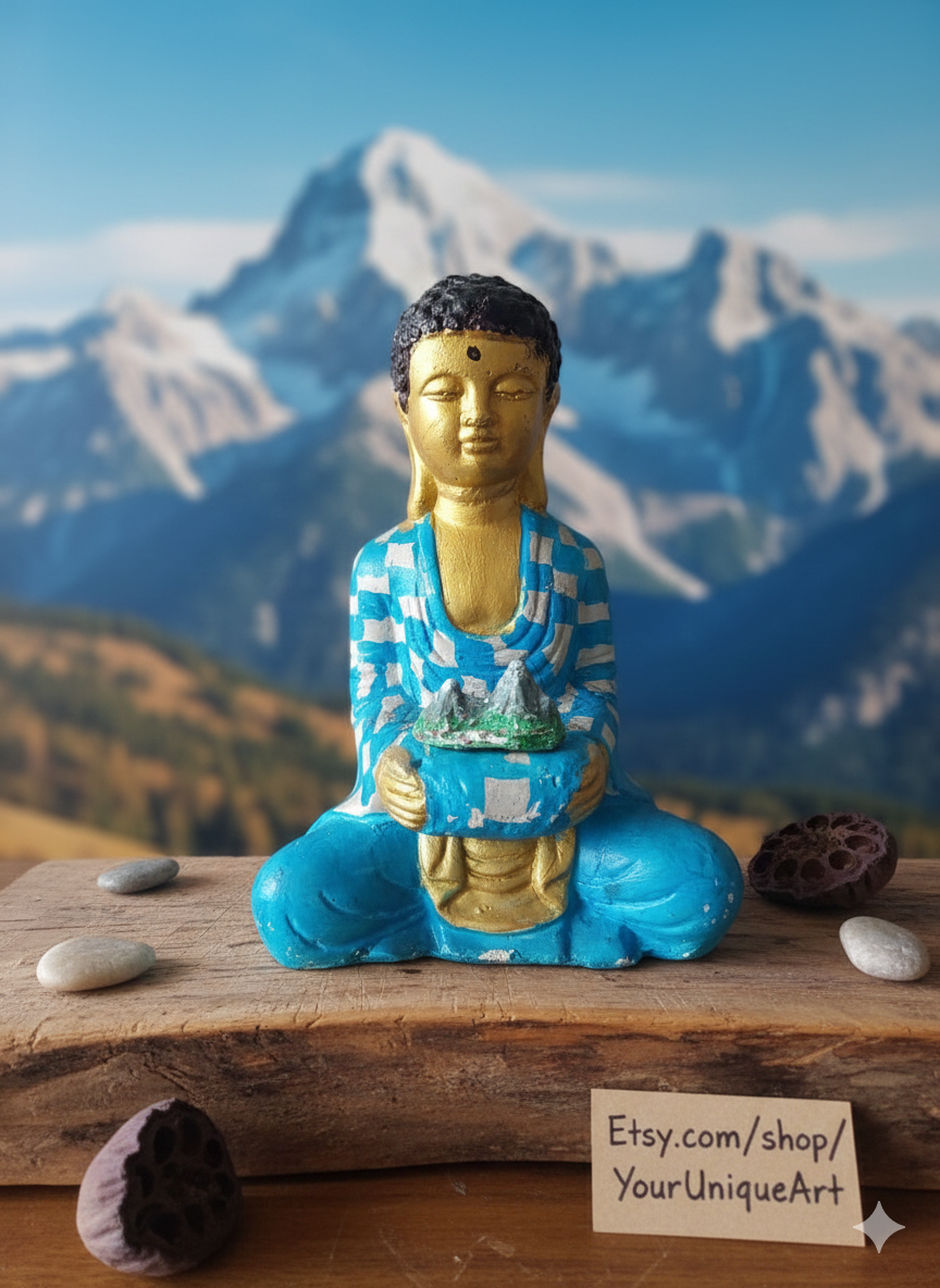 Handgefertigter Buddha mit Watzmann Gipfel Berchtesgaden – Unikat aus Gips bemalte Figur Deko Skulptur Geschenk Bergsteiger & Yoga Fans Ruhe